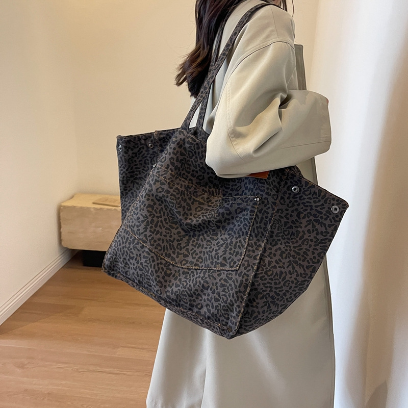 Canvas Tote Designer - 레오파드 패턴 토트백 빈티지 캔버스 숄더백