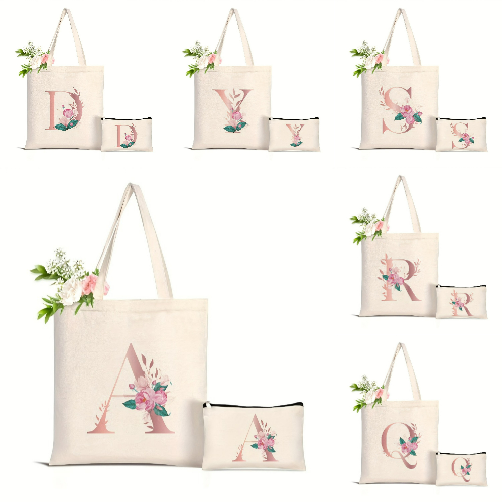 Canvas Tote Designer - 1개 플로럴 러브레터 프린트 토트백 대용량