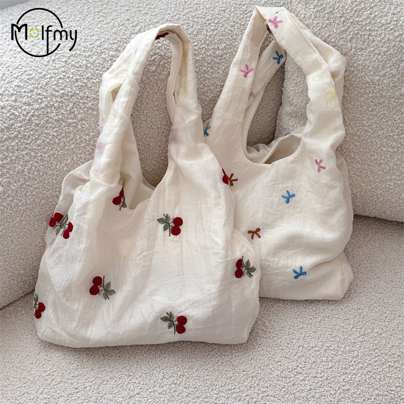 Canvas Tote Designer - 디자이너 명품 체리 자수 캔버스 토트백